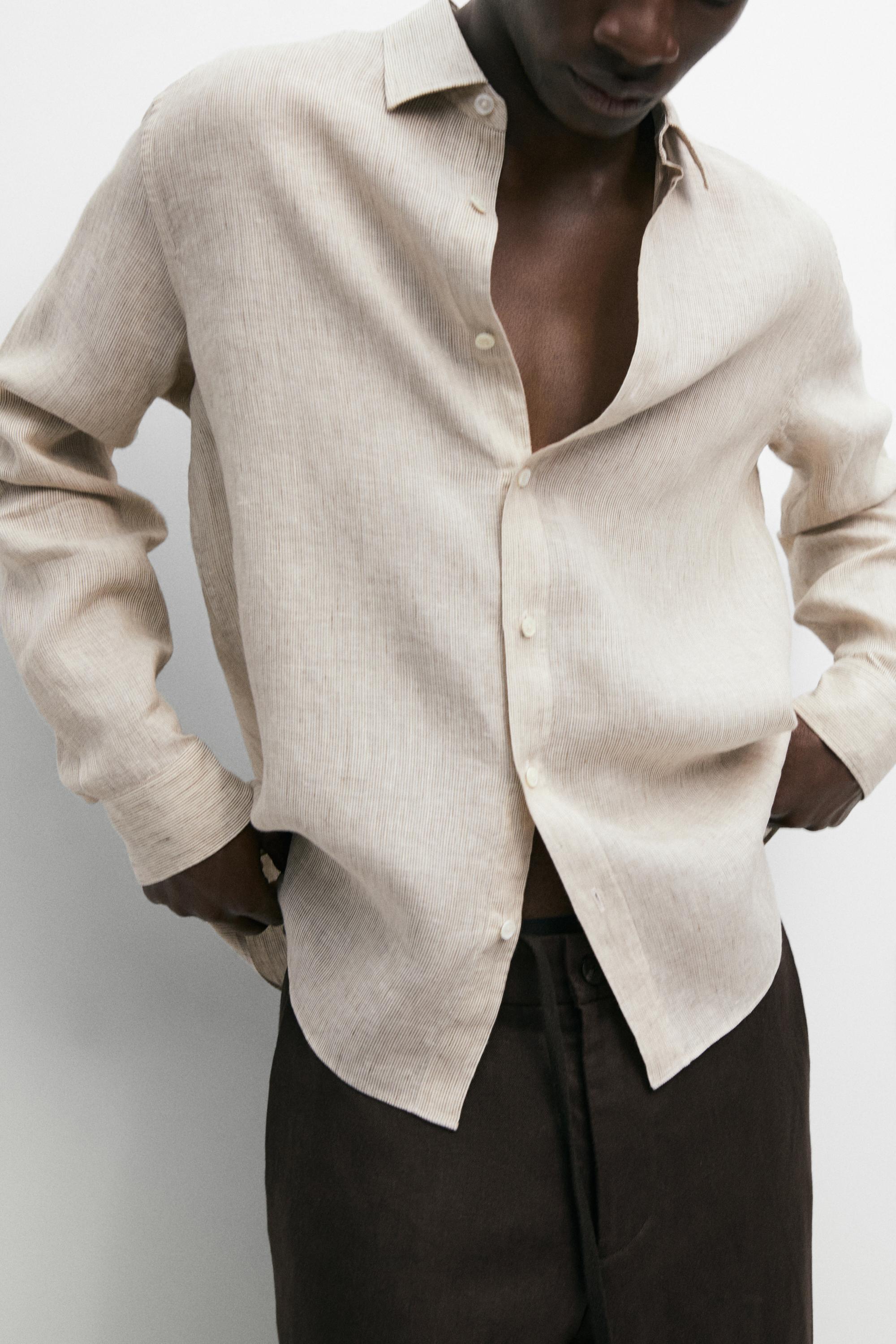 Regular fit washed striped 100% linen shirt
